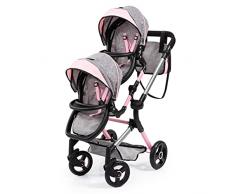 Bayer Design 26233AA Cochecito de muñeca gemelas, Carrito Paseo para muñecos, Ajustable en Altura, Plegable, con Bolsa de Bandolera, Compatible con Silla de Coche EasyGo, Gris, Rosa, Mariposa