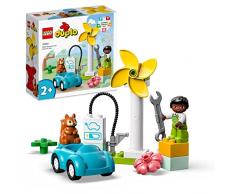 LEGO 10985 Duplo Town Aerogenerador y Coche Eléctrico de Juguete para Niños y Niñas de 2 Años o Más, Set Educativo con Figuras, Mejora Motricidad Fina
