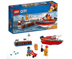 LEGO City Fire - Llamas en el Muelle, juguete creativo de aventuras de bomberos para construir, incluye barco y 2 minifiguras (LEGO 60213)