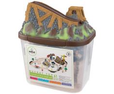 KidKraft 17805 Circuito de tren de juguete de madera para niños Bucket Top Construction con recipiente de almacenaje y 61 piezas de juego incluidas