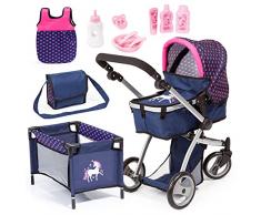 Bayer Design Cochecito Grandes, Carrito para muñeca Combi Milano, Altura Ajustable, Mega Set con Muchos Accesorios, Cuna de Viaje, Bolso de Bandolera y Mucho más, Color Azul, Rose (18354AC)
