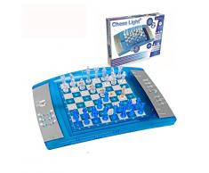 Lexibook 12 LCG3000 ChessLight, juego de ajedrez electrónico con teclado táctil y efectos de luz y sonido, 2 jugadores, 32 piezas, 64 niveles de dificultad, batería, azul/amarillo