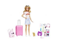 Barbie Vámonos de viaje Malibú 2.0 Muñeca rubia con maleta, perrito mascota, pegatinas y accesorios de viaje, juguete de regalo +3 años (Mattel HJY18)