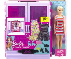 Barbie Fashionista Armario portátil para ropa de muñeca, incluye 3 looks completos, 6 perchas y muñeca, juguete +3 años (Mattel HJL66)