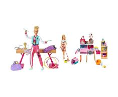 Barbie Olimpíadas, muñeca Gimnasta, Barra de equilibrios de Juguete y más de 15 Accesorios + Tienda de Mascotas Muñeca con establecimiento de Animales y Accesorios para Mascotas de Juguete