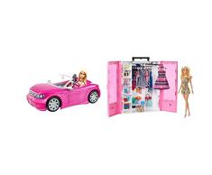 Barbie y su Coche descapotable muñeca con Coche Fashionistas Superarmario y Muñeca Perchero Desplegable Rosa con Ropa, Accesorios y Perchas Regalo para Niños de 3 +