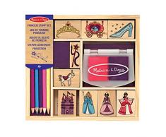Melissa & Doug Sellos de princesa, Juguete creativo para niños o niñas de 3,4,5,6,7 años, Juego de sellos de madera, 9 sellos, 2 almohadillas de tinta 5 lapices de colores