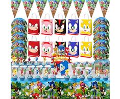 Newtic 77PCS Decoracion Sonic Cumpleaños, Juego de Vajilla de Sonic para Fiesta de Cumpleaños, Globos de Sonic, Incluye Tazas, Platos, Mantel, servilletas,Bolsa de Dulces,para 10 niñas y niños