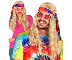 Widmann 02849 02849 - Peluca hippie con diadema batik, pelo sintético rizado de flores, fiesta temática, carnaval, unisex, para adultos, multicolor, talla única