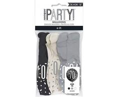 Unique Party - Globos de Cumpleaños 70 de Látex - 30 cm - Diseño de Negro y Plateado Glitz - Paquete de 6 (83389)