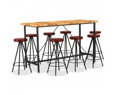 vidaXL Set muebles de bar 9 pzas madera maciza acacia cuero auténtico