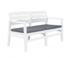 vidaXL Banco de jardín 2 plazas con cojines 133 cm plástico blanco
