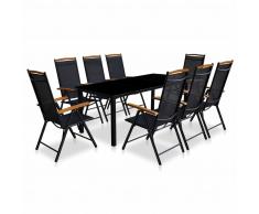 vidaXL Comedor de jardín con sillas plegables 9 piezas aluminio negro