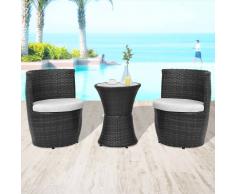 vidaXL Set mesa y sillas de jardín 3 pzas y cojines poli ratán negro
