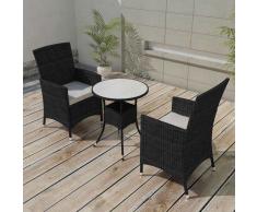 vidaXL Mesa y sillas bistró de jardín 3 pzs y cojines poli ratán negro