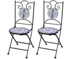 vidaXL Sillas de jardín bistró plegables 2 uds cerámica azul y blanco
