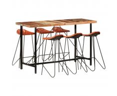 vidaXL Muebles de bar 7 piezas madera maciza reciclada cuero auténtico