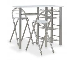 vidaXL Mesa y taburetes de cocina y estantes de madera y acero blanco