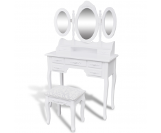 vidaXL Tocador con taburete y 3 espejos blanco