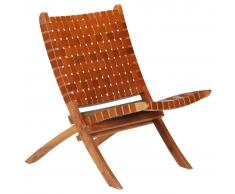 vidaXL Silla plegable de tiras cruzadas de cuero auténtico marrón