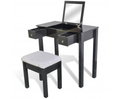 vidaXL Tocador con taburete y 1 espejo abatible negro