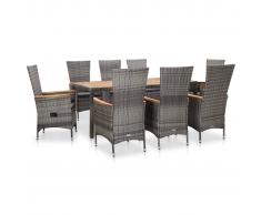 vidaXL Set de comedor de jardín 9 pzas y cojines ratán sintético gris