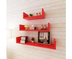 vidaXL 3 estantes exhibidores flotantes de pared en forma U tablero DM rojo