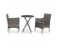 vidaXL Mesa sillas jardín 3 pzas ratán sintético vidrio templado gris