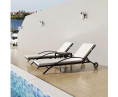 vidaXL Tumbonas con mesita de ratán sintético negro