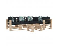 vidaXL Muebles de palés jardín 6 pzas madera cojines de flores y gris