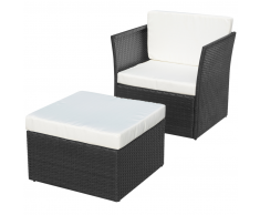 vidaXL Silla de jardín con taburete poli ratán negra
