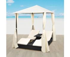 vidaXL Tumbona para 2 personas con cortinas de ratán sintético negro