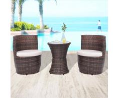 vidaXL Set mesa y sillas de jardín 3 pzas y cojines poli ratán marrón