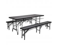 vidaXL Mesa de jardín con 2 bancos imitación ratán HDPE negro