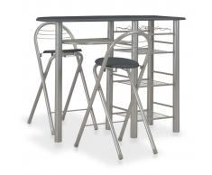 vidaXL Mesa y taburetes de cocina con estantes de madera y acero negro
