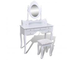 vidaXL Tocador con espejo y taburete 7 cajones blanco