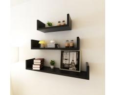 vidaXL 3 estanterías negras en forma de "U" MDF suspendidas para libros/DVD