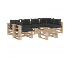 vidaXL Set muebles de palés para jardín 7 pzas madera cojines negros