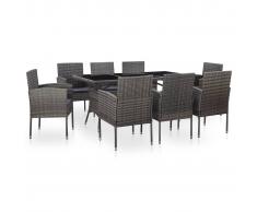 vidaXL Set de comedor de jardín 9 pzas y cojines ratán sintético gris