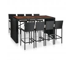 vidaXL Mesa y sillas bar jardín 9 pzas ratán sintético y madera negro