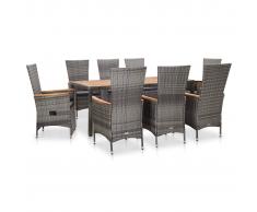 vidaXL Set de comedor de jardín 9 pzas y cojines ratán sintético gris