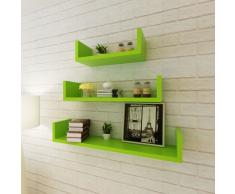 vidaXL 3 estanterías verdes en forma de "U" MDF suspendidas para libros/DVD