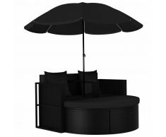 vidaXL Cama tumbona de jardín con sombrilla ratán sintético negro