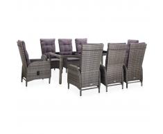 vidaXL Muebles de jardín 9 pzas ratán sintético vidrio templado gris
