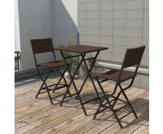 vidaXL Mesa y sillas de jardín plegables 3 pzs acero poli ratán marrón