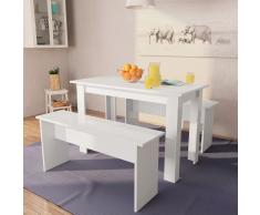 vidaXL Mesa de comedor y bancos 3 piezas madera aglomerada blanca