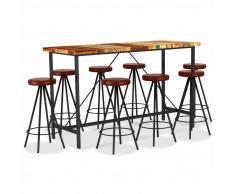 vidaXL Set muebles de bar 9 piezas madera reciclada y cuero auténtico
