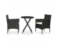 vidaXL Mesa sillas jardín 3 pzas ratán sintético vidrio templado negro