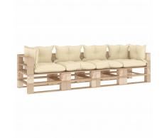 vidaXL Sofá de palés de jardín 4 plazas madera y cojines color crema