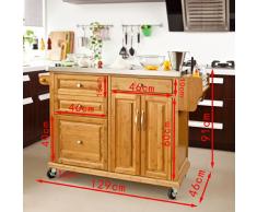 SoBuy® Luxus-Carrito de cocina con piso de acero, estantería de cocina, carrito de servir de bambú de alta calidad L129xP46xA91cm, FKW14-N.ES